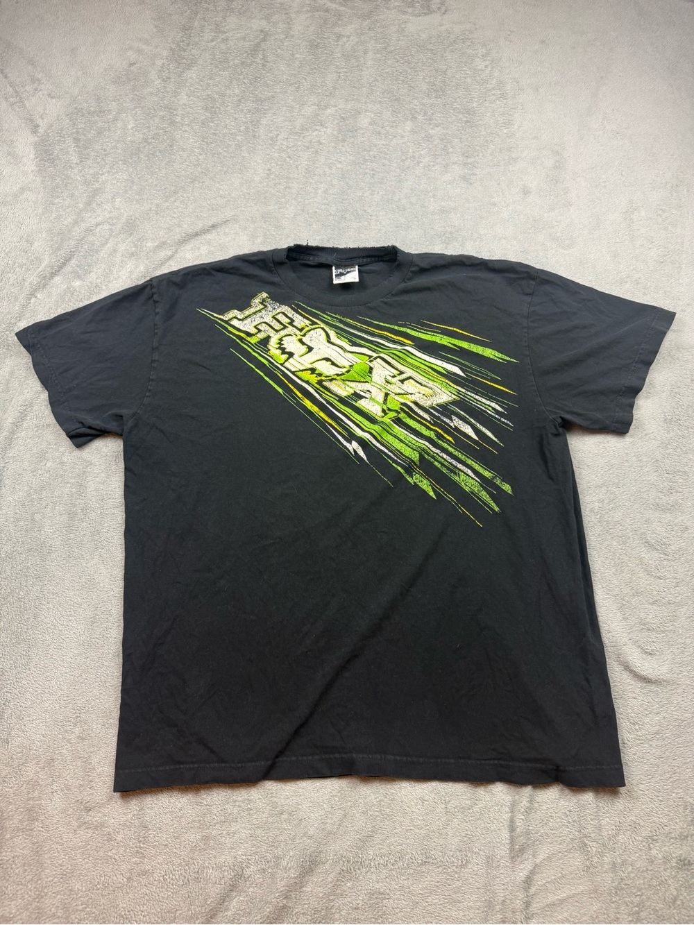 Y2K Fox Racing Shirt Black & Green Graphic Design Distressed Size XL